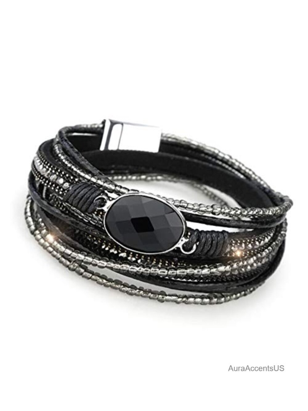 Multilayered Leather Wrap Bracelet with Magnetic Buckle, Braided Bangle Cuff